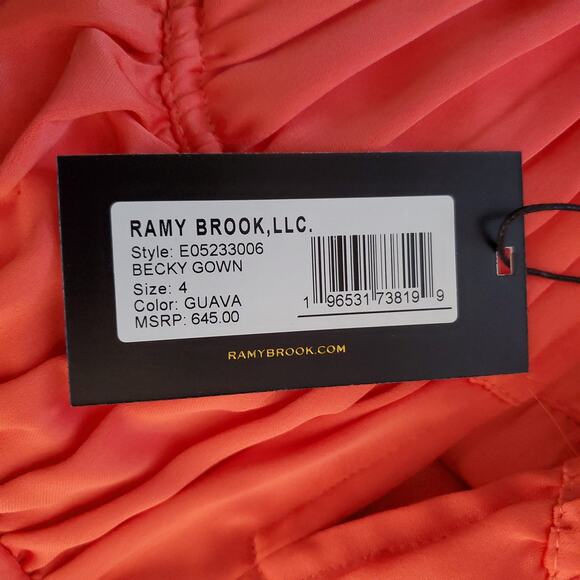 Ramy Brook Becky Gown Plunge Neck Satin Slit Maxi Dress Guava Pink Coral Size 4 - Picture 11 of 14